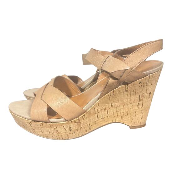 Franco Sarto Beige Leather Wedge Sandals 8.5M Strappy Cork Heel Summer Shoes - Picture 4 of 11